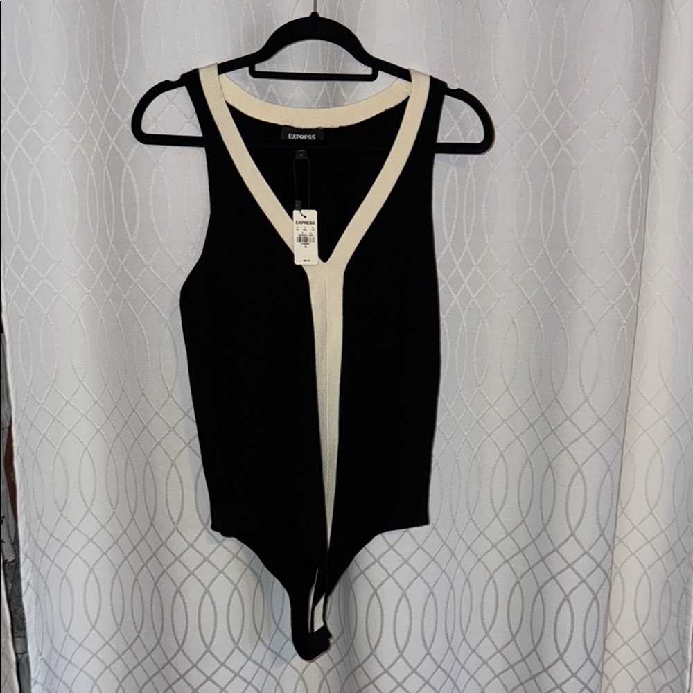 Express Black and Cream V-Neck Bodysuit